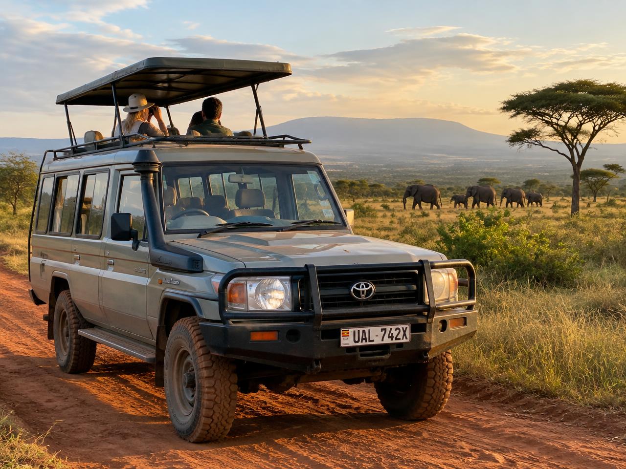4x4 Toyota Land Cruiser safari vehicle with pop-up roof on a dirt track in Uganda